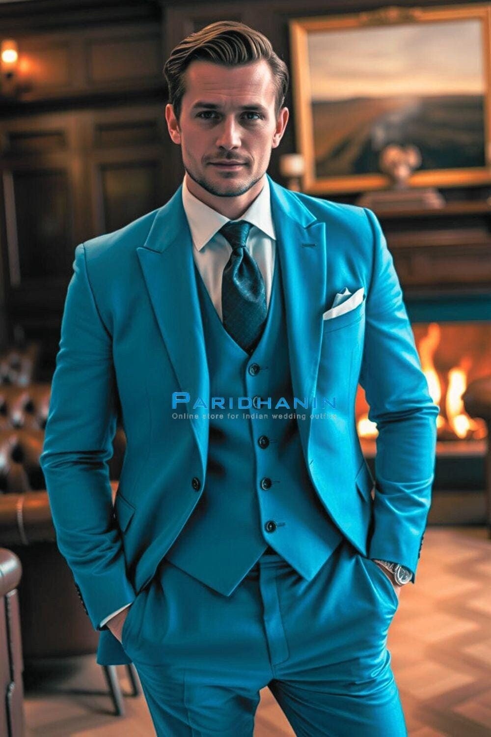 A Well-tailored Rich Azure Blue Three-piece Suit With a Subtle