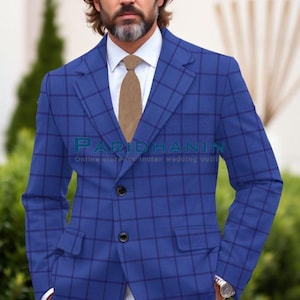 Blue Windowpane Checked Blazer – Tailored Fit & Sophisticated Look | Paridhanin