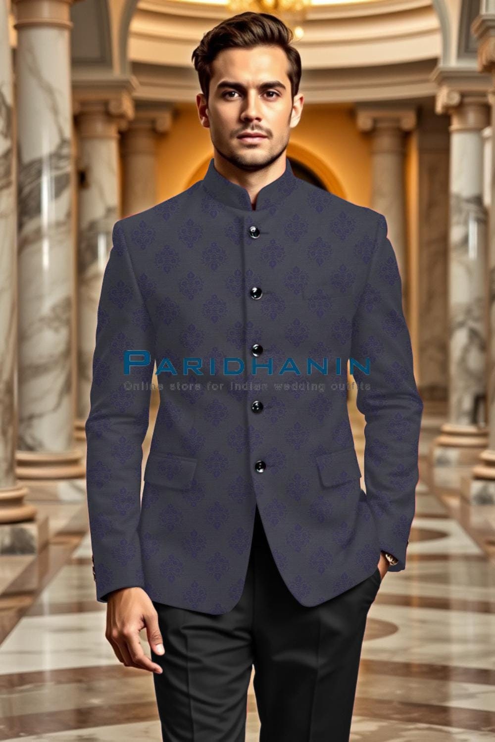 Mens Charcoal Grey Bandhgala Suit Wedding Groom Embossed Jodhpuri mens-charcoal-grey-bandhgala-suit-wedding-groom-embossed-jodhpuri