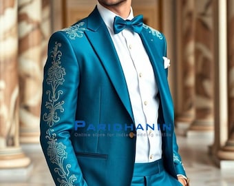 Abito da sposo a tre pezzi, slim fit, blu petrolio, ricamato, per matrimonio.