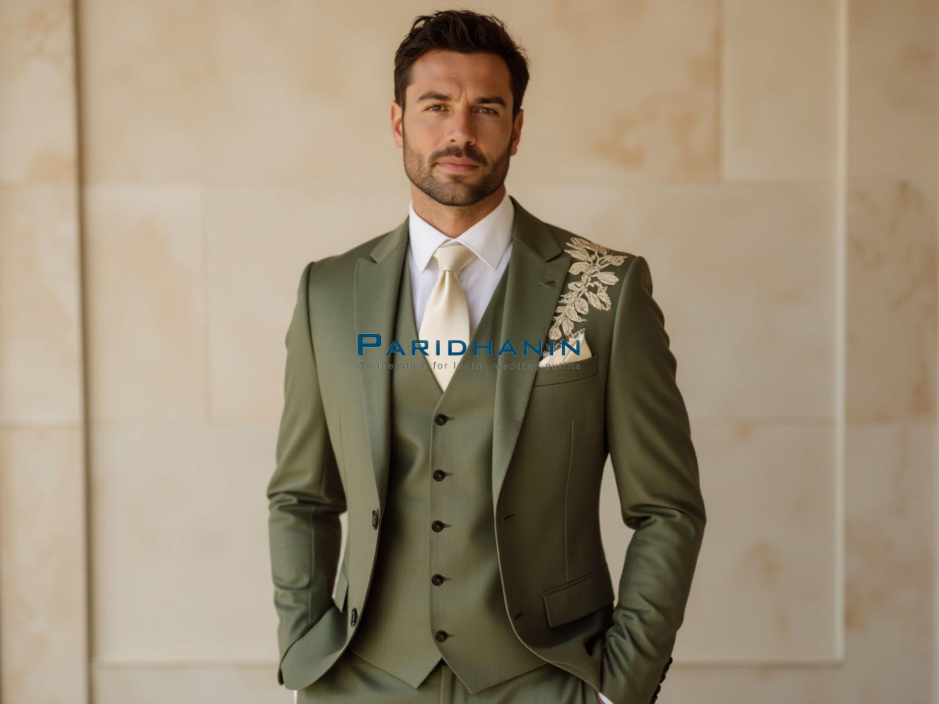 Khaki Green 3 Piece Wedding Suit for Men | Slim Fit Tuxedo with Embroidery | Formal Groom Outfit | Paridhanin