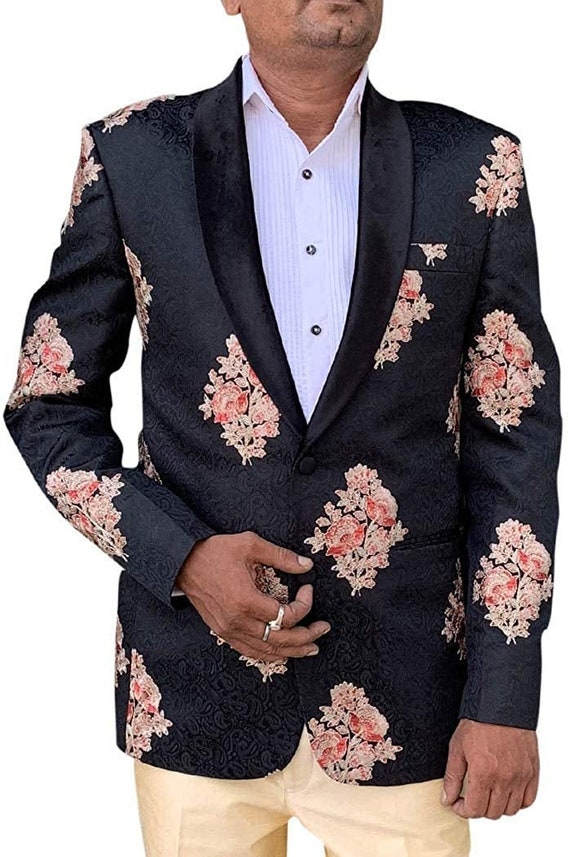 Dark Grey Mens Suit Jacket | Blazer Decorated with embroidered Floral Motifs