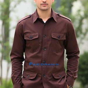 Herren Hemd Casual Regular Fit – Winter Solid Color Baumwoll Einreiher Mit Doppeltaschen, Langarm Militärhemd