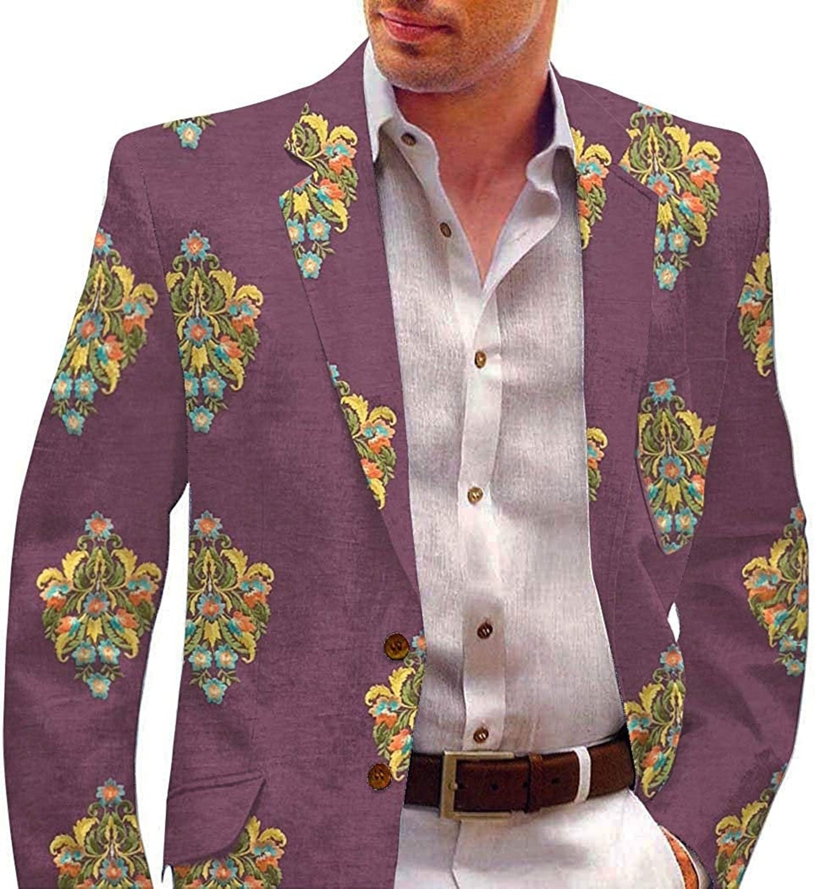 Purple Mens Casual Jacket Sport Coat Two Button Embroidered Blazer Etsy