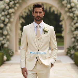 Classic Ivory 3 Piece Groom Suit – Tailored Neutral Men’s Wedding Outfit | Elegant Formalwear for Modern, Ivory-Themed Ceremonies