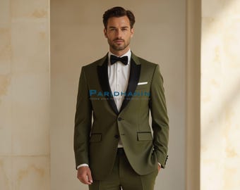 Mens Khaki Green Tuxedo Black Peak Lapel Slim Fit Wedding Dinner Jacket Set | Paridhanin.