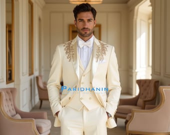 Mens Muted Pearl 3 Piece Tuxedo Suit Wedding Groom Outfit Gold Embroidered Formal Attire | Paridhanin.
