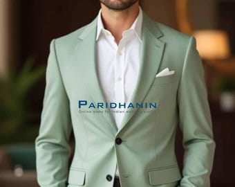 Mens Muted Green 2 Piece Suit Wedding Groom Slim Fit Formal Outfit | Paridhanin.