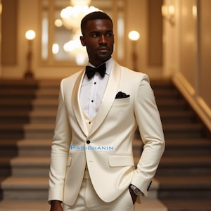 Ivory Tuxedo Suit for Groom – Mens 3 Piece Wedding Suit | Slim-Fit Formalwear for Elegant Outdoor or Indoor Ceremonies