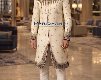 Mens Ivory Wedding Sherwani Embroidered Groom Outfit Traditional Royal | Paridhanin