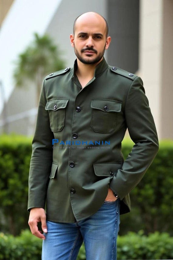 Mens Olive Green Military Style Jacket Casual Structured Polyester Blazer | Paridhanin Mens Olive Green Military Style Jacket Casual Structured Polyester Blazer | Paridhanin