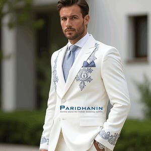 Ivory 3 Piece Wedding Suit for Men | Tailored Tuxedo with Subtle Detailing | Formal Groom Outfit for Reception | Paridhanin