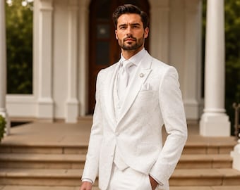 Mens White Floral Jacquard Tuxedo Wedding Groom Suit 3 Piece Formal Outfit | Paridhanin