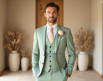Herren Salbeigrüner 3 Teiler Hochzeitsanzug Slim Fit | Paridhanin