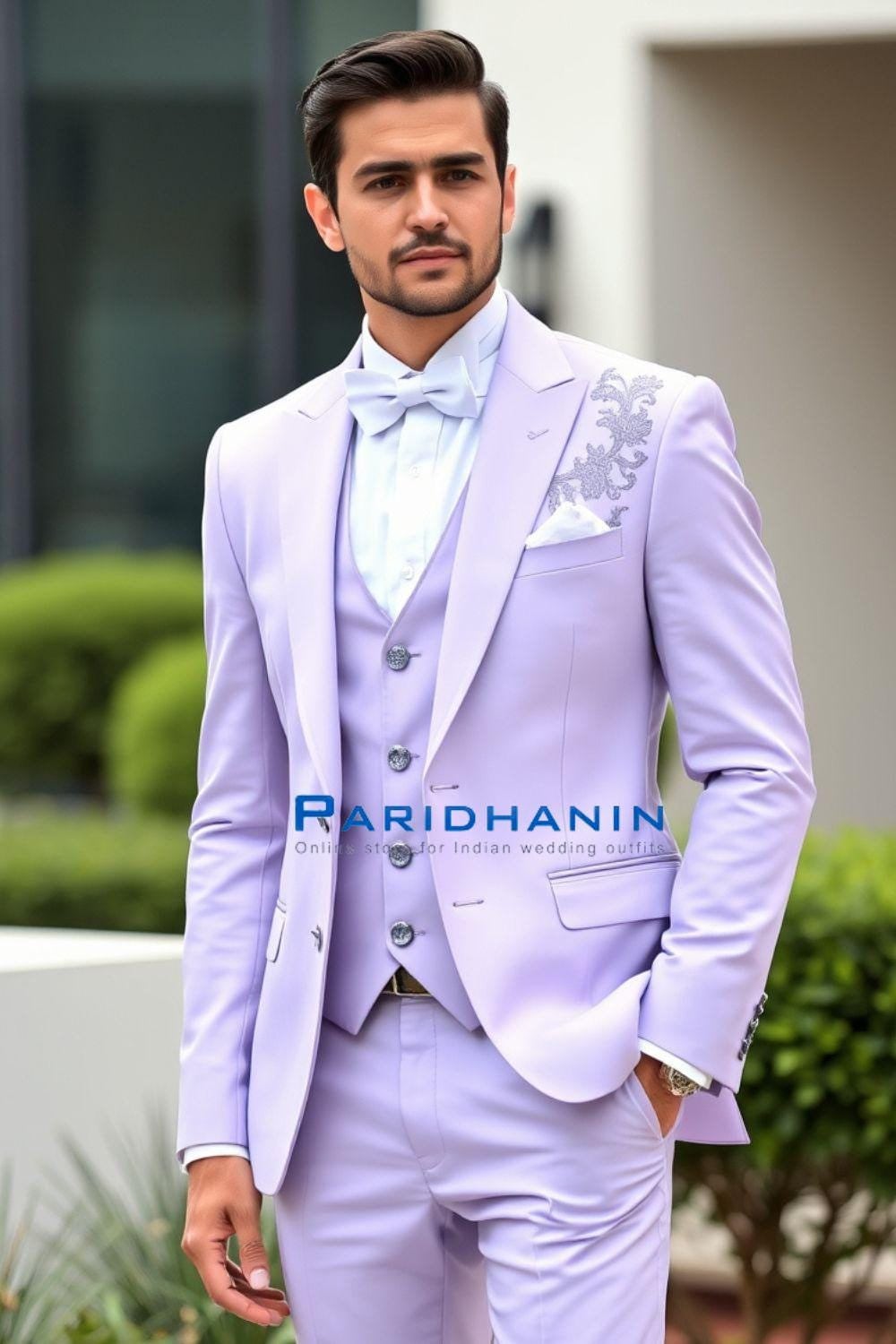 Lavender 3 Piece Wedding Suit for Men | Slim Fit Embroidered Tuxedo | Tailored Outfit for Groom’s Special Day | Paridhanin