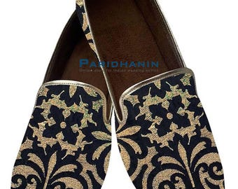 Mens Black Velvet Embroidered Wedding Loafers Slip On Groom Shoes | Paridhanin