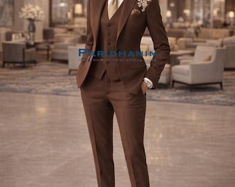 レディース チョコレートブラウン 刺繍入り 3ピーススーツ ウェディング フォーマルセット | Paridhanin。