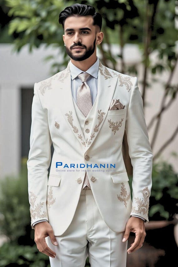 Mens Ivory Embroidered 3 Piece Tuxedo Wedding Groom Suit Slim Fit Formal Blazer Set | Paridhanin.