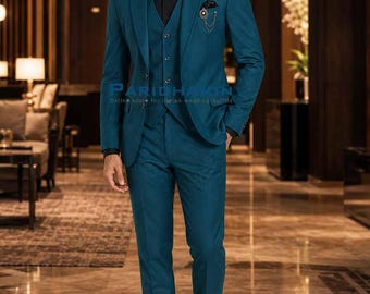Abito da uomo a tre pezzi slim fit blu petrolio per matrimoni ed eventi formali / Paridhanin