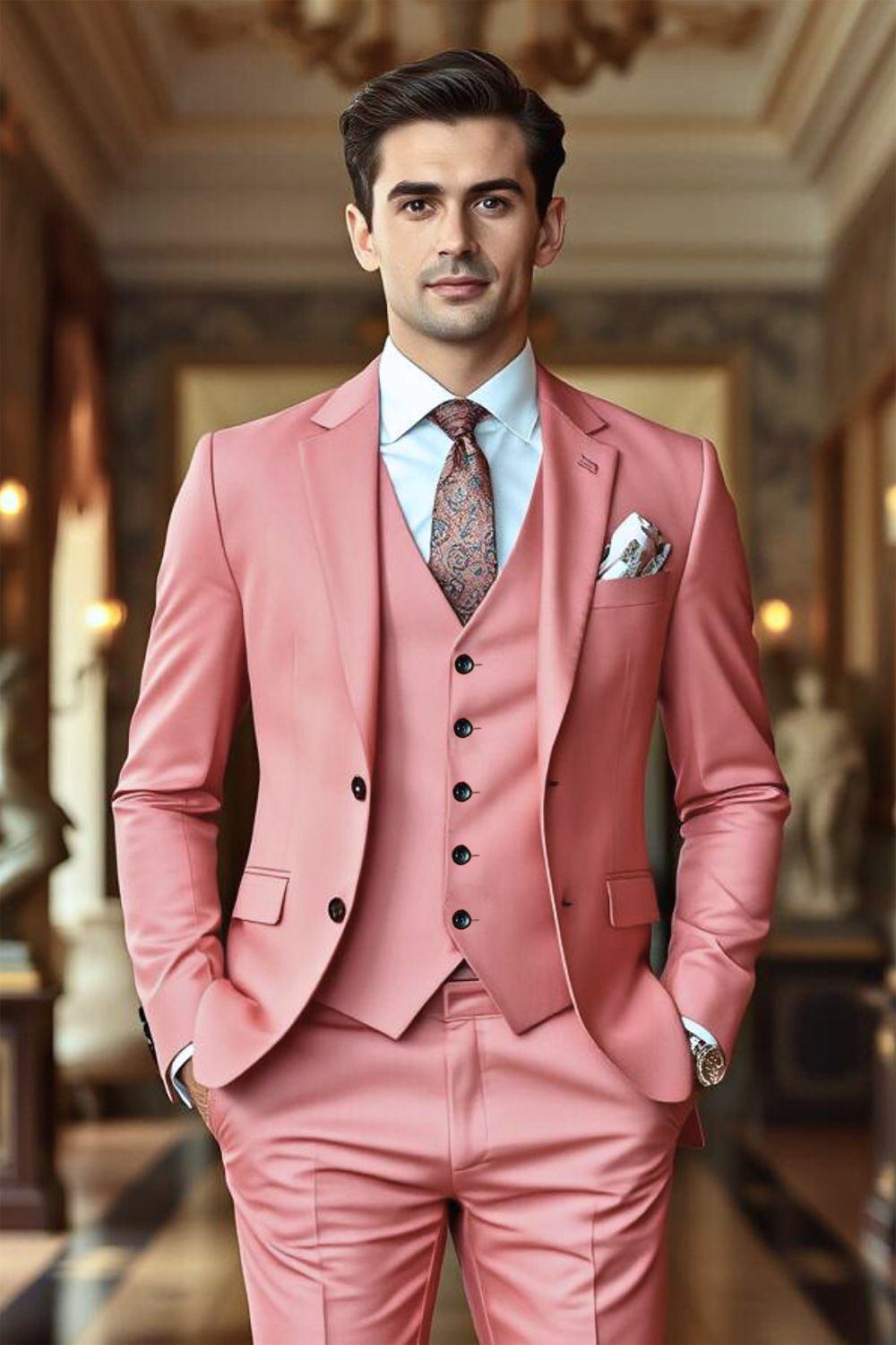 Coral Pink Three Piece Wedding Suit for Men With a Subtle