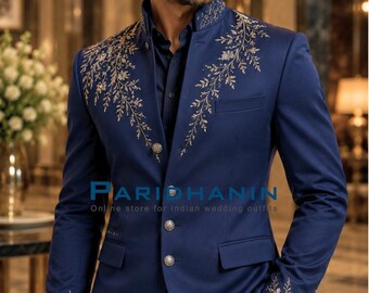 Mens Navy Blue Embroidered Jodhpuri Bandhgala Wedding Groom Suit Gold Floral Formal Outfit | Paridhanin.