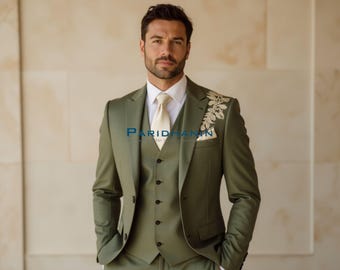 Mens Olive Green Embroidered 3 Piece Tuxedo Wedding Groom Suit | Paridhanin.