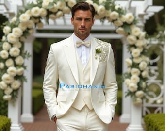 Mens Warm Cream 3 Piece Tuxedo Suit Wedding Groom Outfit Embroidered Shoulder Formal Attire | Paridhanin.