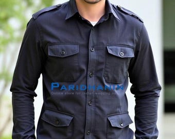 Camicia da uomo in cotone grigio scuro stile militare casual per attività all'aperto e safari / Paridhanin