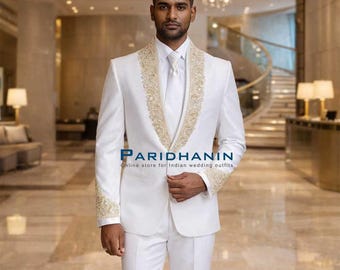 Mens White Embroidered Tuxedo Wedding Groom Reception Suit | Paridhanin.