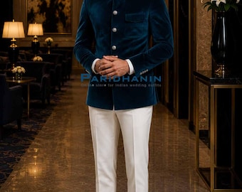 Mens Blue Velvet Mandarin Collar Jacket Wedding Bandhgala Blazer Slim Fit | Paridhanin