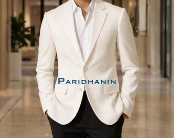 Mens White Corduroy Blazer Classic Two Button Slim Fit Formal Jacket | Paridhanin.