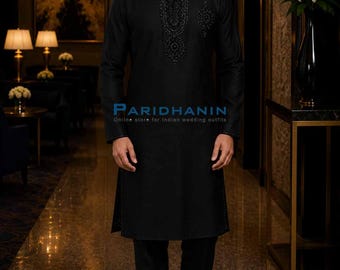 Mens Black Linen Embroidered Kurta Pyjama Set Wedding Outfit | Paridhanin.