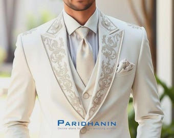 Mens Cream Embroidered 3 Piece Wedding Tuxedo Suit Slim Fit | Paridhanin