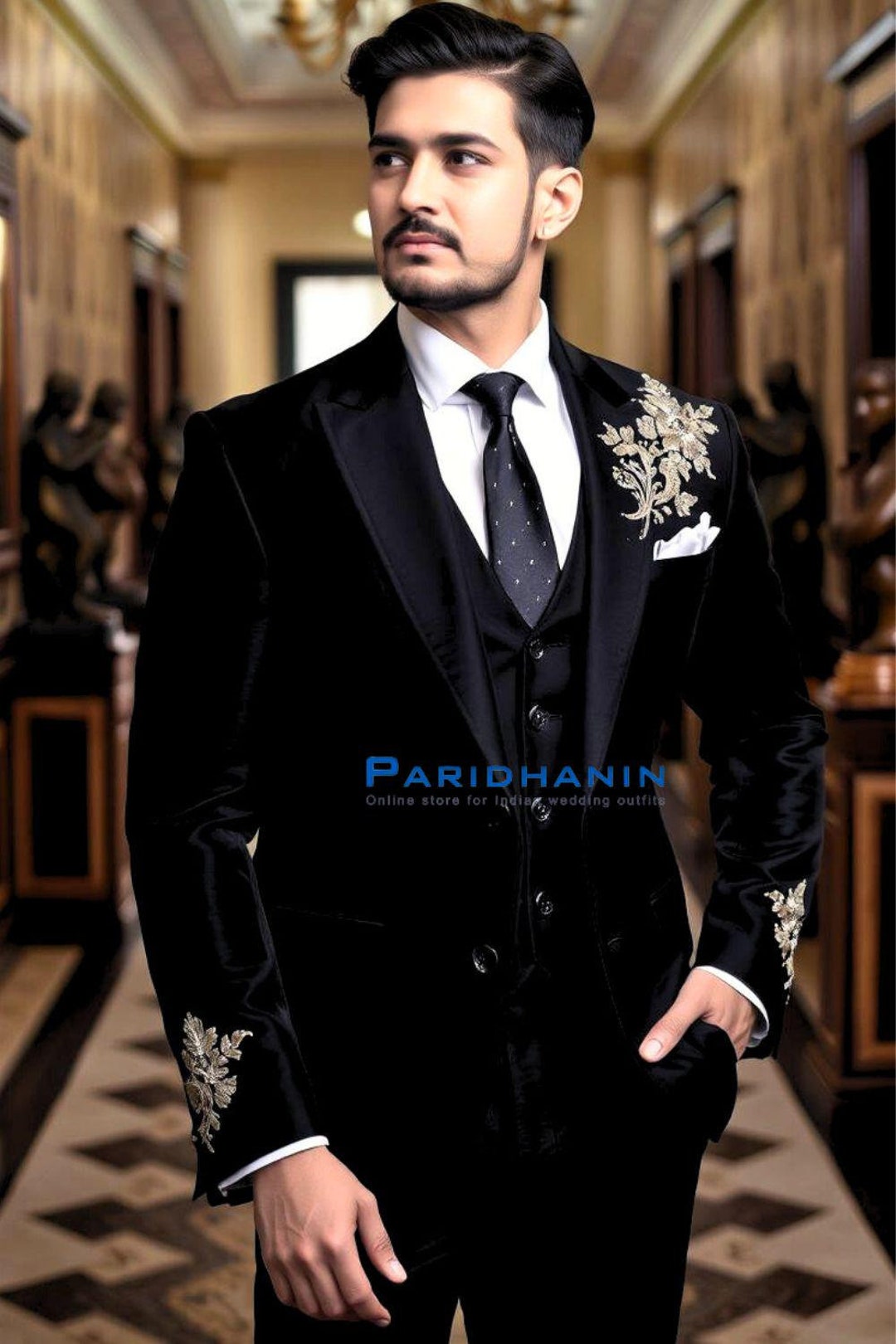 Buy Black Velvet Embroidered Groom Suit Men's 3-piece Wedding Tuxedo  Custom Formalwear Online in India