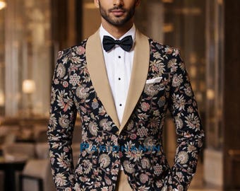Mens Black Floral Embroidered Velvet Blazer Wedding Tuxedo Jacket Designer Party Wear Dinner Suit Coat Groom Reception Derby Outfit