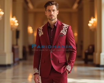 Herren Bordeaux Bestickter Hochzeitsanzug Bräutigam Designer | Paridhanin.