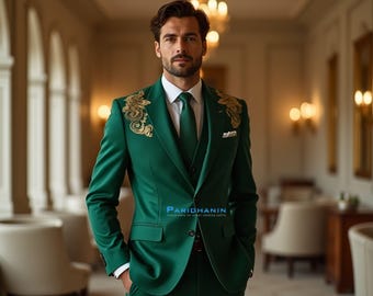 Emerald Green 3 Piece Wedding Suit for Men | Tailored Groom Tuxedo with Subtle Detailing | Custom Formal Gift for Him