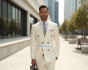 Mens Cream Double Breasted Suit Slim Fit Wedding Summer Formal Outfit | Paridhanin.