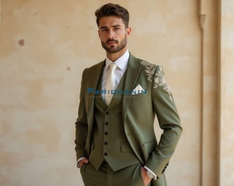 Mens Olive Green 3 Piece Tuxedo Suit Wedding Groom Outfit Floral Embroidered Formal Prom Attire | Paridhanin.