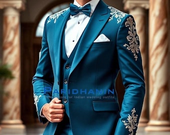 Abito da sposo a tre pezzi da cerimonia slim fit / Paridhanin, verde acqua ricamato.