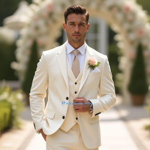 Elegant Ivory Wedding Tuxedo – Luxury 3 Piece Groom Suit with Tailored Fit | Modern Formalwear for Grooms & Best Men