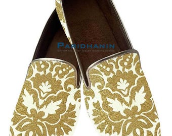 Mens Gold Floral Brocade Mojari Wedding Shoes Slip On Loafer | Paridhanin.
