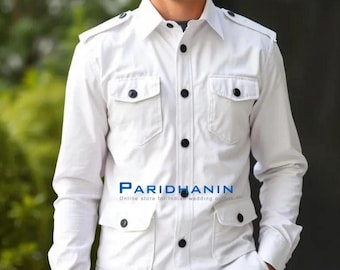 Camisa utilitaria blanca de algodón estilo militar slim fit para hombre | Paridhanin
