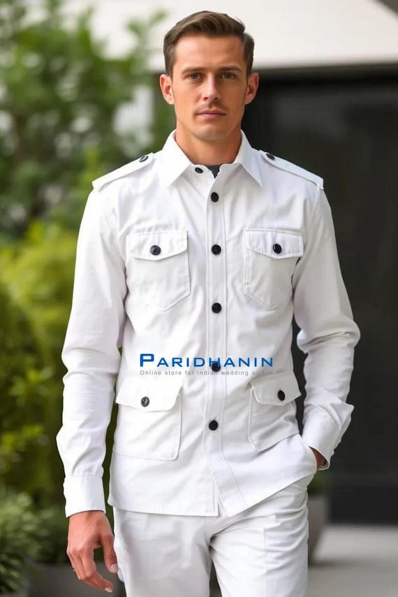 mens military style dress shirts Mens White Cotton Utility Shirt Casual Military Style Slim Fit Shirt