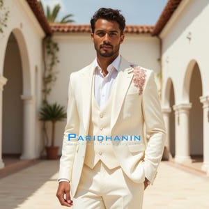 Champagne Ivory Groom Suit with shoulder Embroidery | 3 Piece Formal Wedding Tuxedo Set | Elegant Wedding Menswear