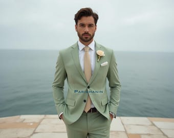 Mens Sage Green 2 Piece Suit Wedding Groom Slim Fit Formal Blazer Set | Paridhanin.