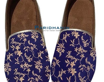 Mens Navy Blue Floral Embroidered Mojari Wedding Jutti Slip On Shoes | Paridhanin.