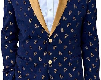 Blue Mens Two Button Gold Shawl Lapel Party wear Blazer
