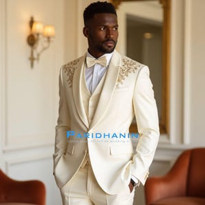 Mens ivory gold embroidered tuxedo 3 piece wedding groom suit with peak lapel