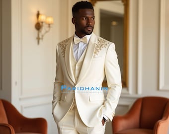 Mens Ivory Gold Embroidered Tuxedo Wedding Groom 3 Piece Suit | Paridhanin.